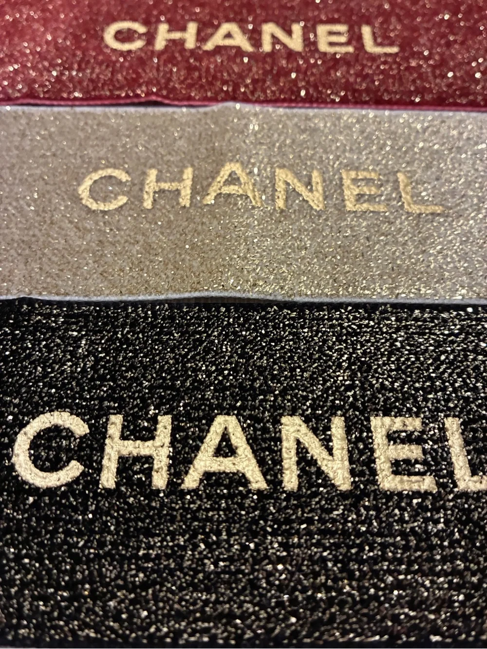 CHANEL Shimmering Glitter Red Gold Black Ribbon Gift Wrapping set of 3